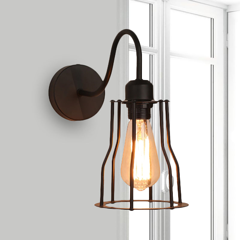 Vintage-Style Iron Caged Farmhouse Wall Sconce With Gooseneck Arm - 1 Light Black Mount