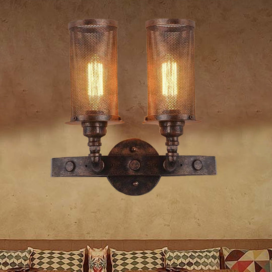 Vintage Double Cylinder Wall Light With Mesh Shade In Weathered Copper - Wrought Iron Mount Lamp 2