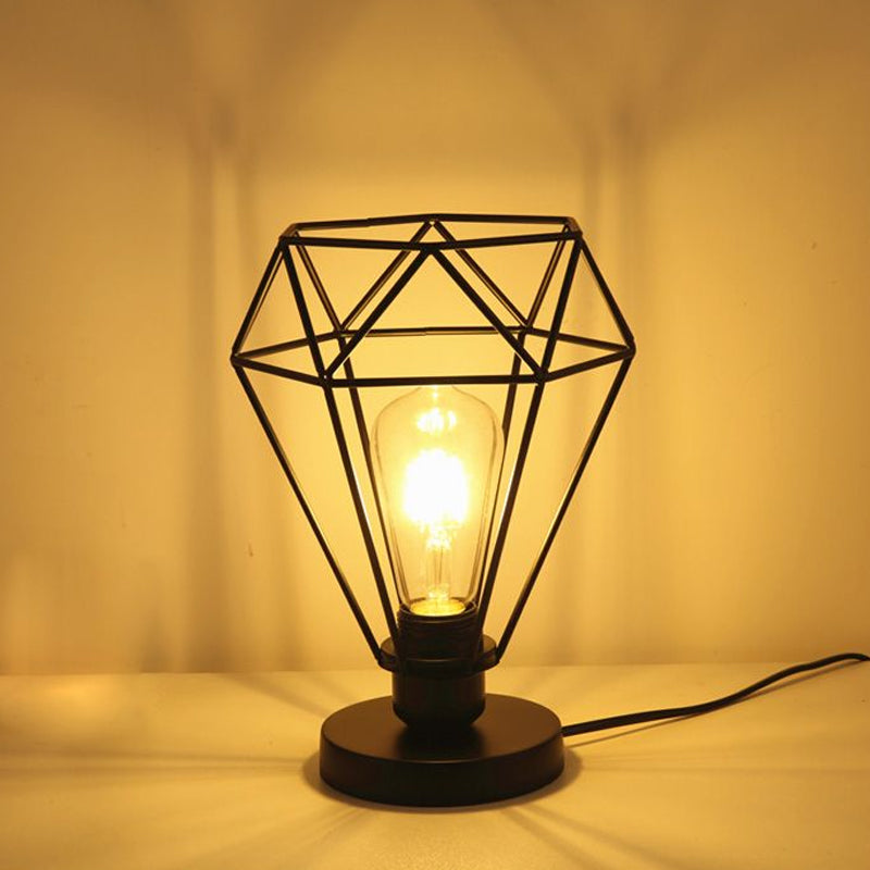 Wire Guard Table Lamp With Diamond Shade - Industrial Style Metallic Lighting In Black