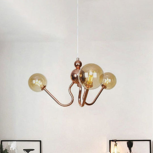 Industrial Copper 3-Light Chandelier with Clear/Amber Glass Globes, Dining Room Pendant Fixture