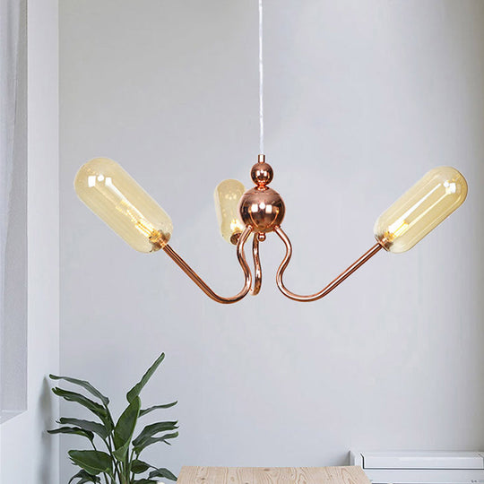 Copper Industrial Chandelier With 3 Clear/Amber Glass Lights For Dining Room Pendant