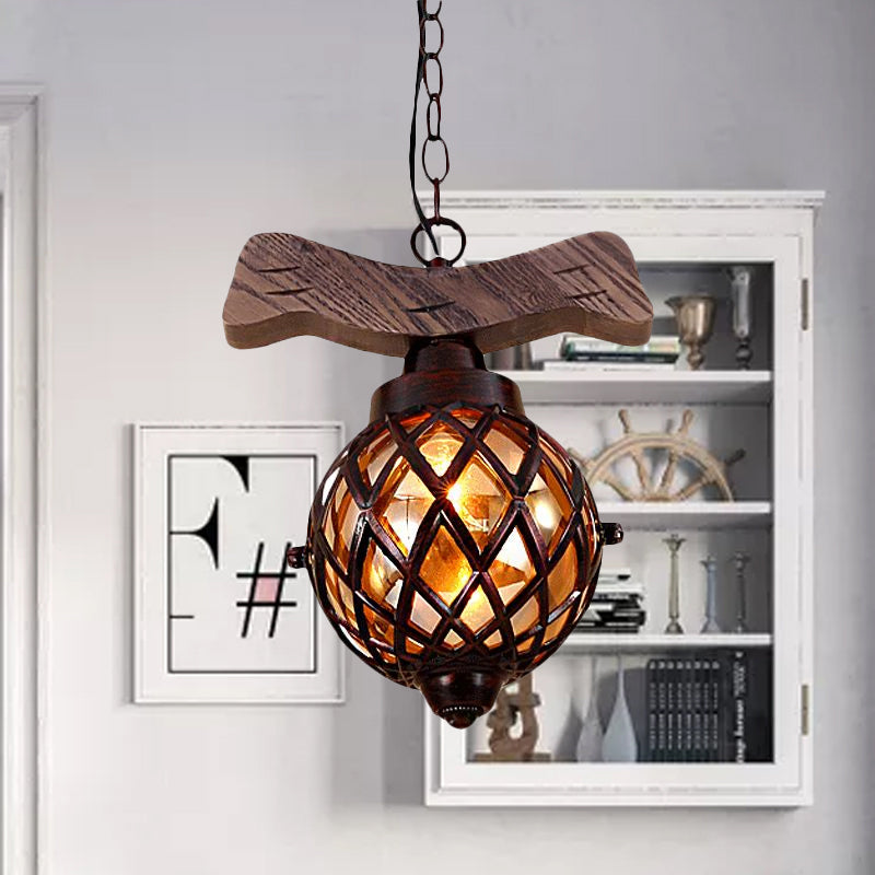 Amber Glass Ball Pendant Lamp With Wooden Base - 1 Light Country Hanging In Copper