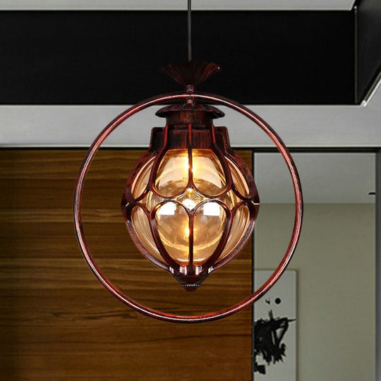 Amber Glass Ball Pendant Lamp With Wooden Base - 1 Light Country Hanging In Copper