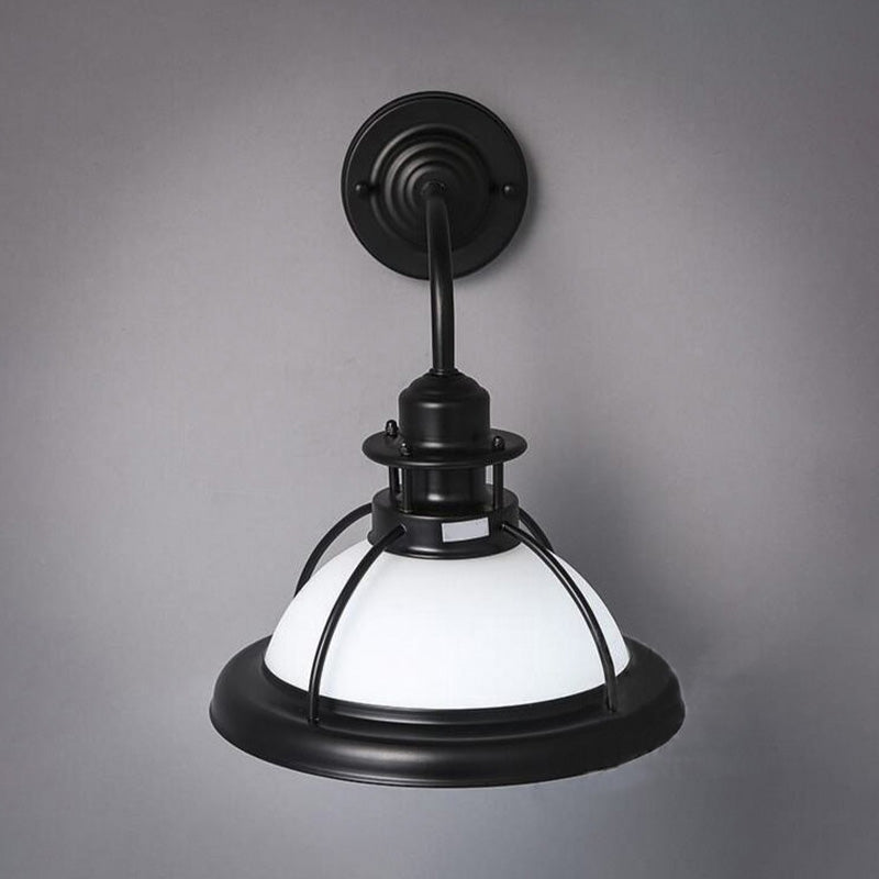 Industrial Single Bulb Glass Wall Mounted Lamp - Dome White/Green Bedroom Sconce Light In Black