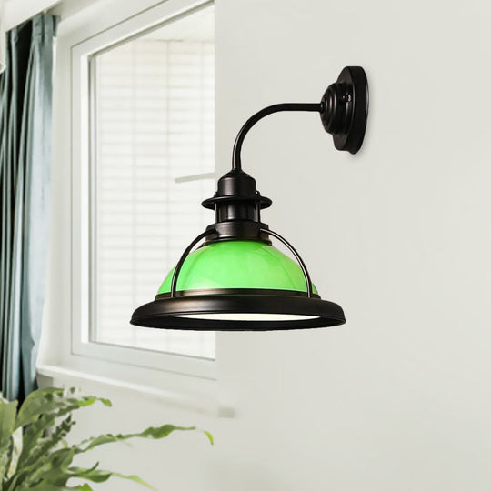 Industrial Single Bulb Glass Wall Mounted Lamp - Dome White/Green Bedroom Sconce Light In Black