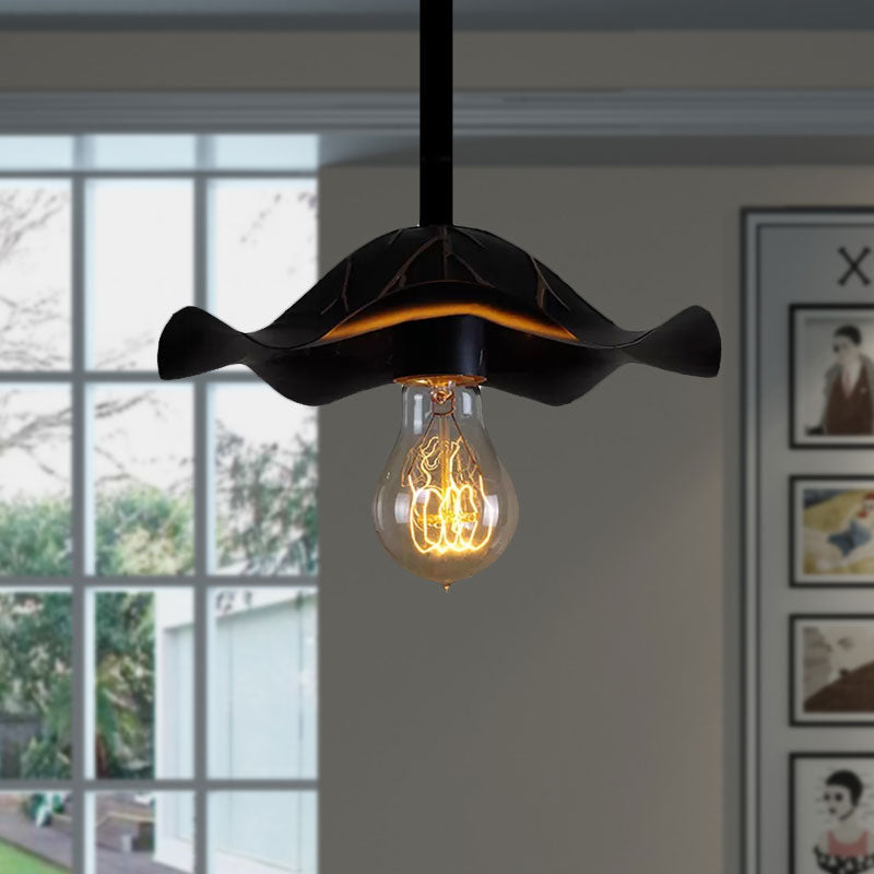 Industrial Metallic Hanging Lamp with Scalloped Shade - 1 Light, Black Finish