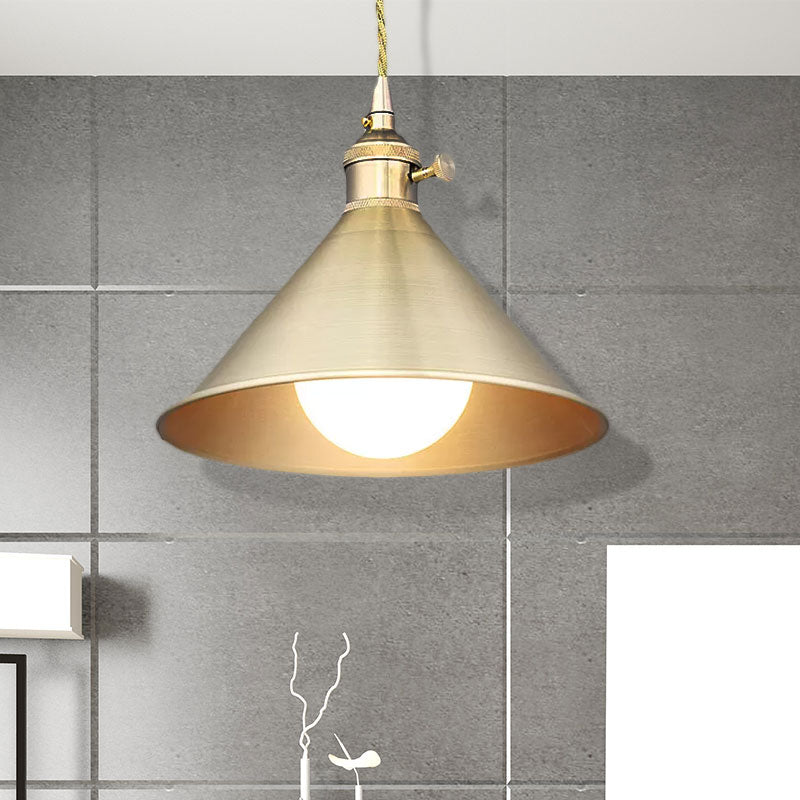 Mid Century Pendant Light With Metallic Brass Finish And Tapered Shade