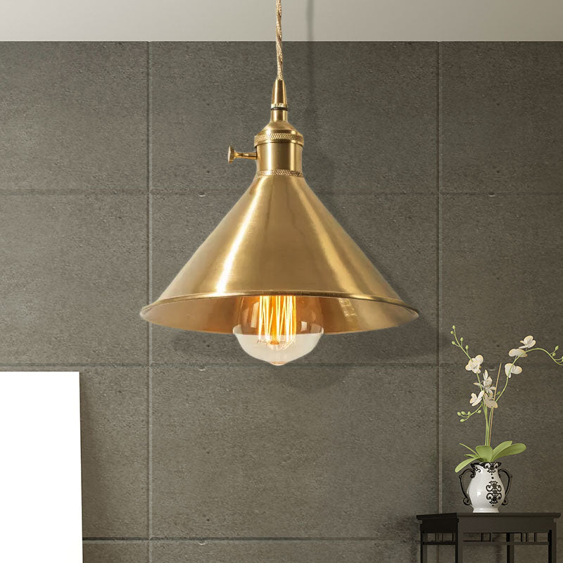 Mid Century Pendant Light With Metallic Brass Finish And Tapered Shade