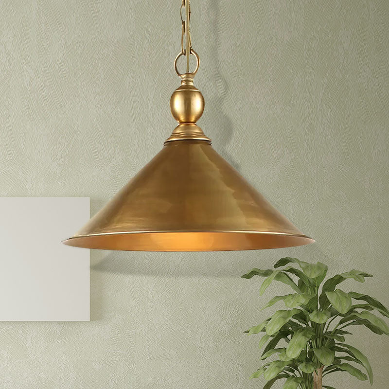 Mid Century Pendant Light Fixture with Metallic Brass Finish & Tapered Shade