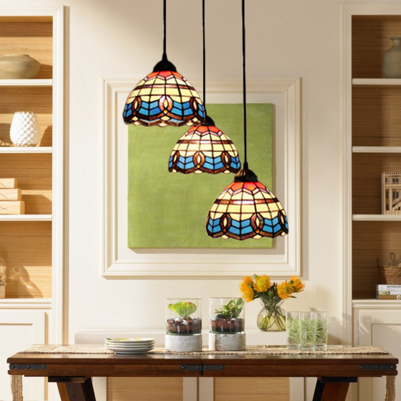 Victorian Tiffany Pendant Light: Stained Glass 3-Bulb Suspension In Blue For Living Room Black /