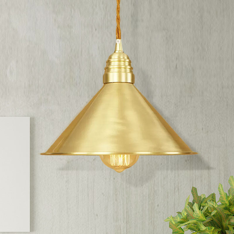 Mid Century Pendant Light With Metallic Brass Finish And Tapered Shade