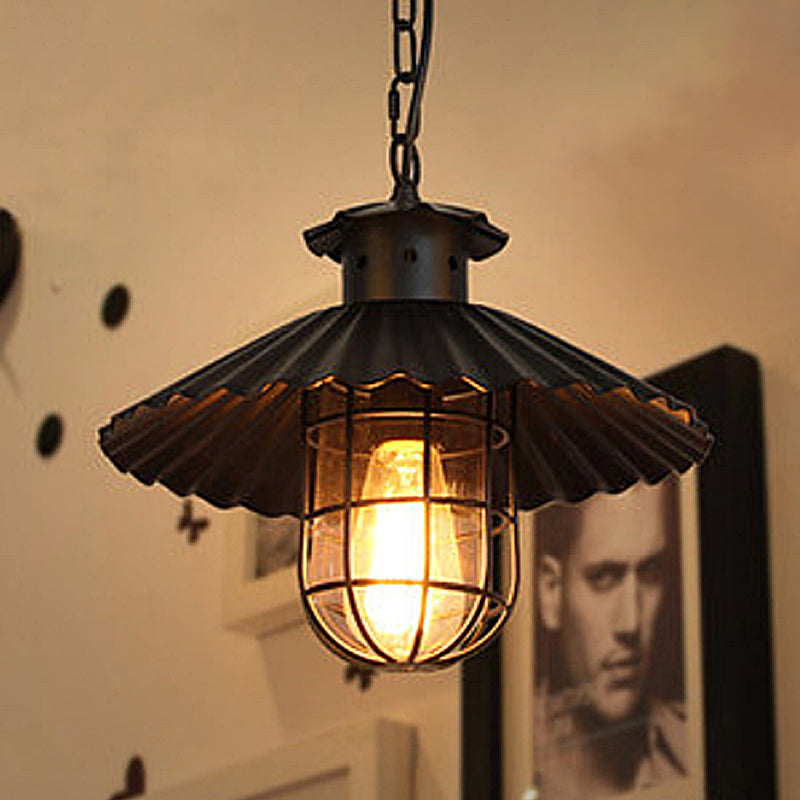 Rustic Wrought Iron Scalloped-Edged Hanging Lamp with Cage - 1 Head Pendant Light for Restaurants