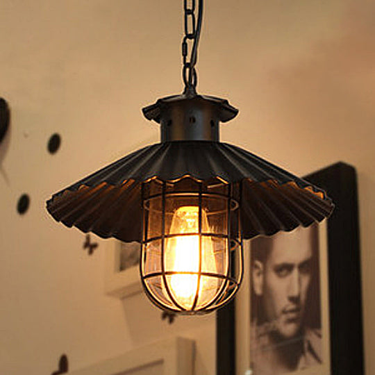 Rustic Wrought Iron Scalloped-Edged Hanging Lamp with Cage - 1 Head Pendant Light for Restaurants