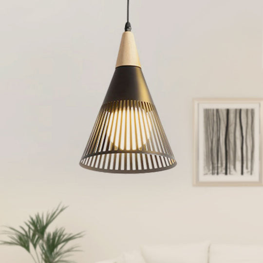 Metallic Cone Ceiling Light: Contemporary 1-Light Pendant in Black/Gold/White with Cage Shade