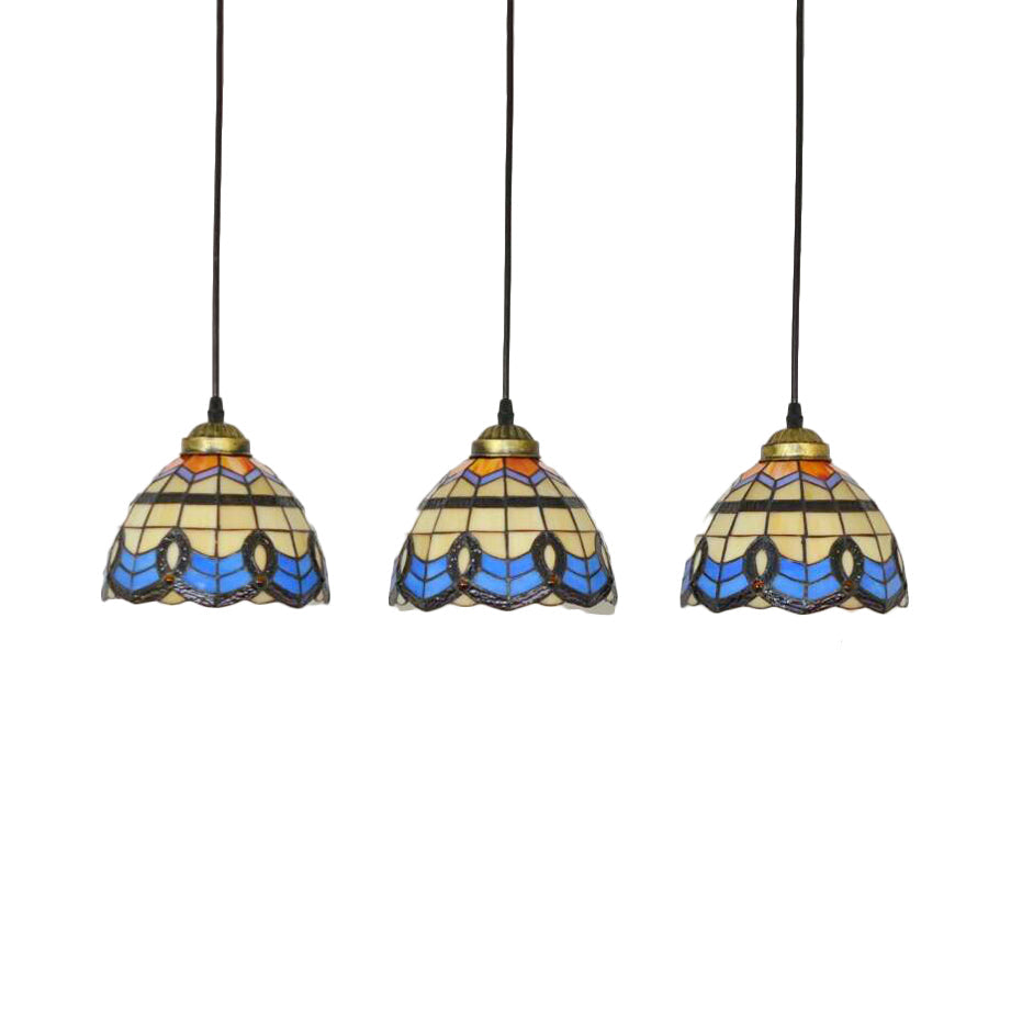 Victorian Tiffany Pendant Light: Stained Glass 3-Bulb Suspension In Blue For Living Room