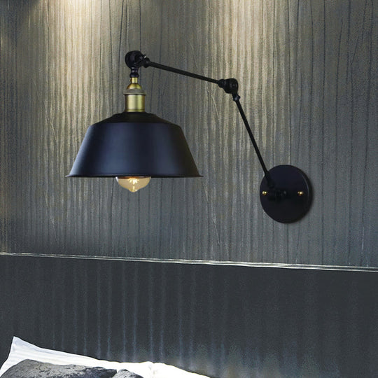 Retro Swing Arm Sconce Lighting - Metallic Wall Light Fixture With Tapered Shade In Black