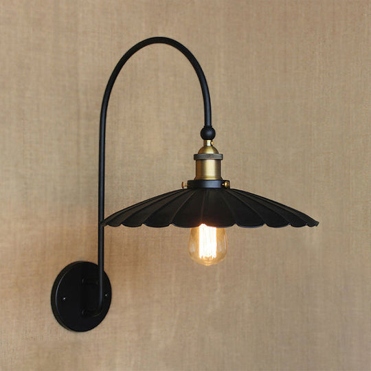 Industrial Scalloped Edge Wall Sconce - Metallic Lamp With Arched Arm Black Ideal For Hallways