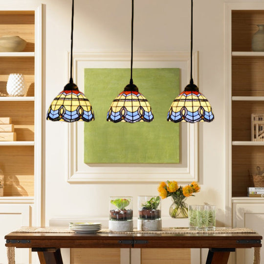 Victorian Tiffany Pendant Light: Stained Glass 3-Bulb Suspension In Blue For Living Room Black /