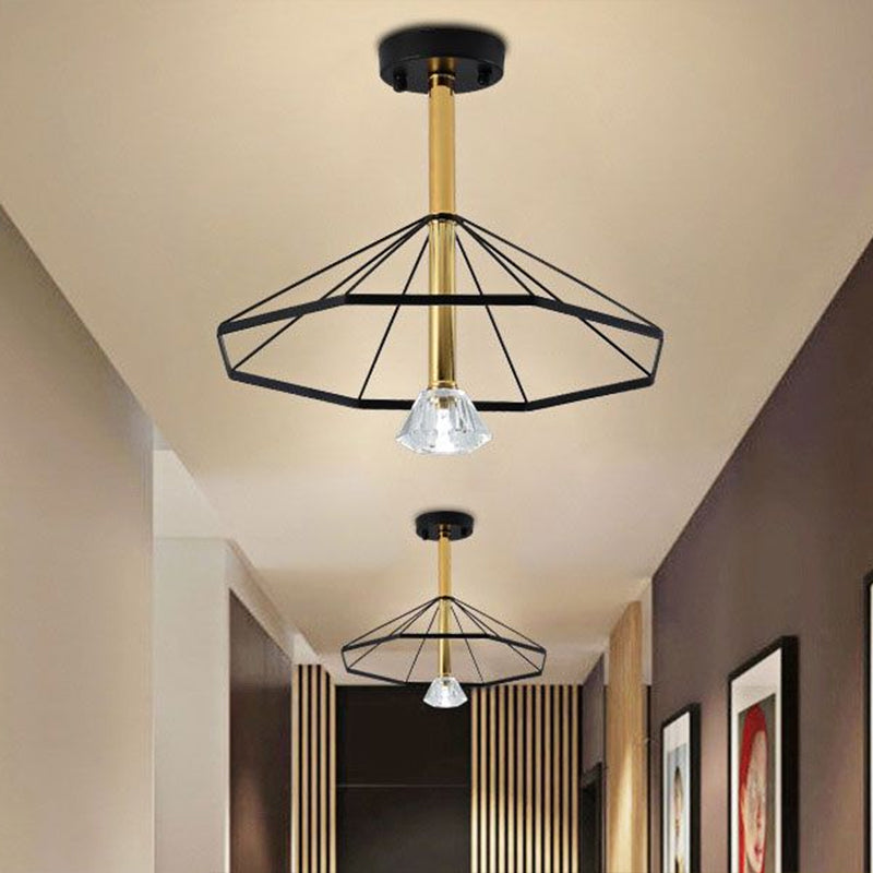 Black Metal LED Cage Flared Pendant Light with Crystal Shade - Loft Style Semi Flush