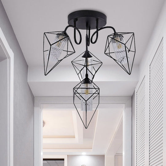 Retro Metal Cage Diamond Chandelier With Clear Glass Shade - Bedroom Ceiling Mount Pendant Light