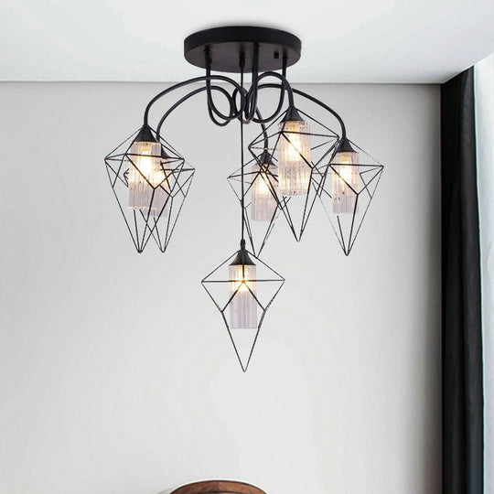 Retro Metal Cage Diamond Chandelier with Clear Glass Shade - Bedroom Ceiling Mount Pendant Light (4/6 Lights, Black)