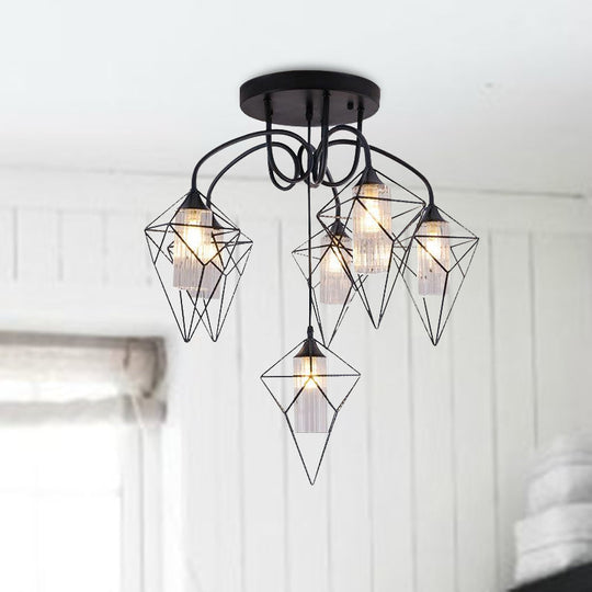 Retro Metal Cage Diamond Chandelier with Clear Glass Shade - Bedroom Ceiling Mount Pendant Light (4/6 Lights, Black)