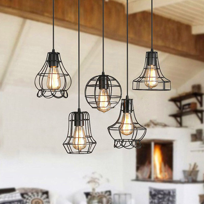 5-Head Vintage Caged Pendant Lighting with Unique Shades - Black Iron Ceiling Fixture for Table