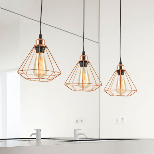 Loft Style Copper Diamond Caged Pendant Lamp - 3 Lights, Black Finish