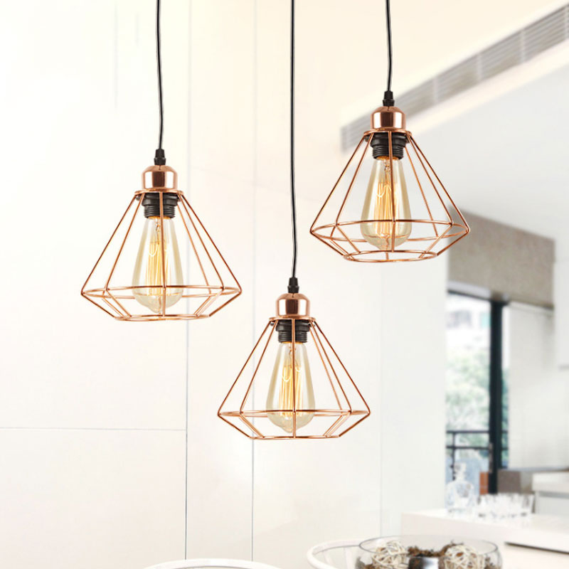 Loft Style Copper Diamond Caged Pendant Lamp - 3 Lights, Black Finish