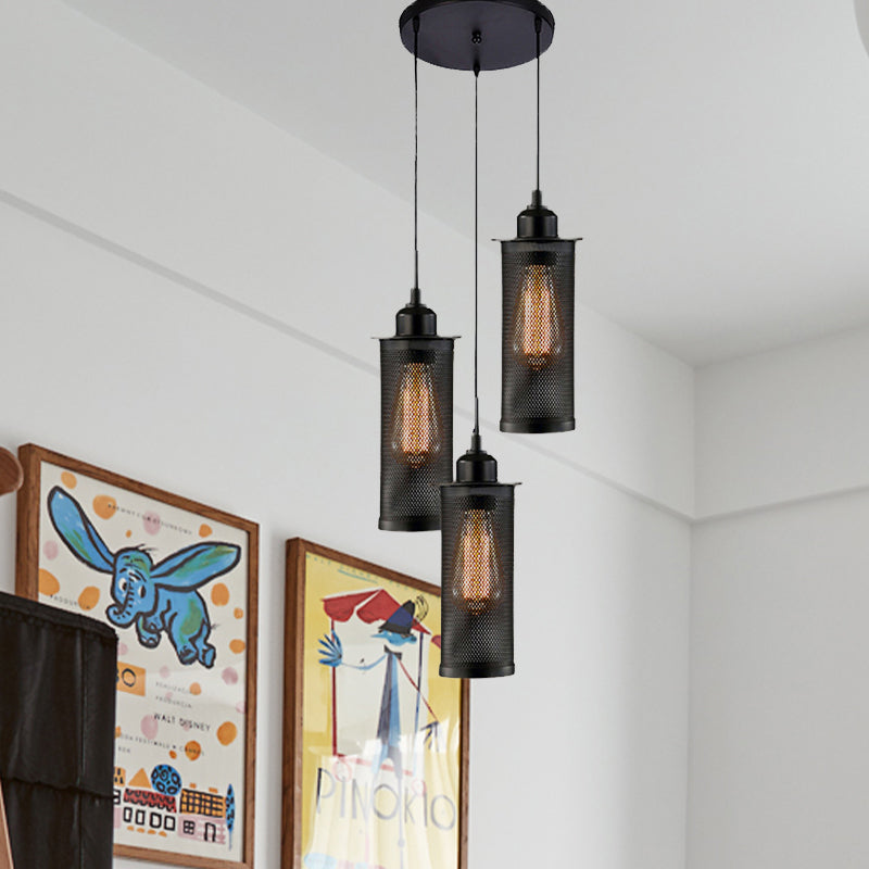 Vintage 3/8 Bulbs Pendant Light With Metal Mesh Shade - Stylish Kitchen Ceiling Fixture In Black