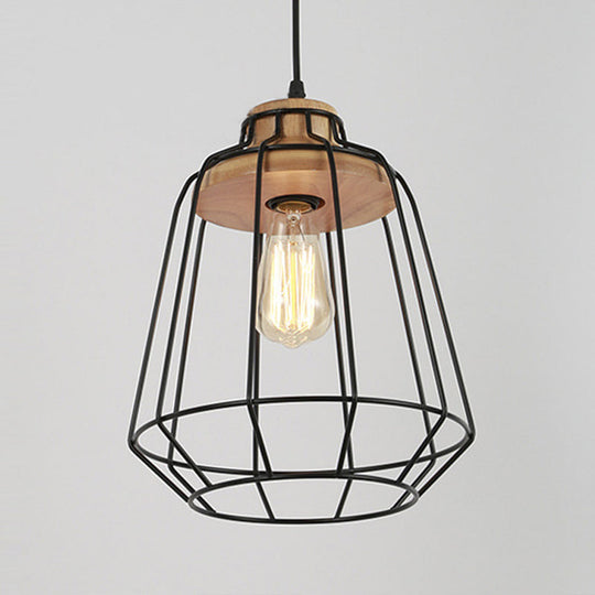 Retro Metal Pendant Light with Barrel/Cylinder Cage Shade - Bedroom Hanging Lamp in Black