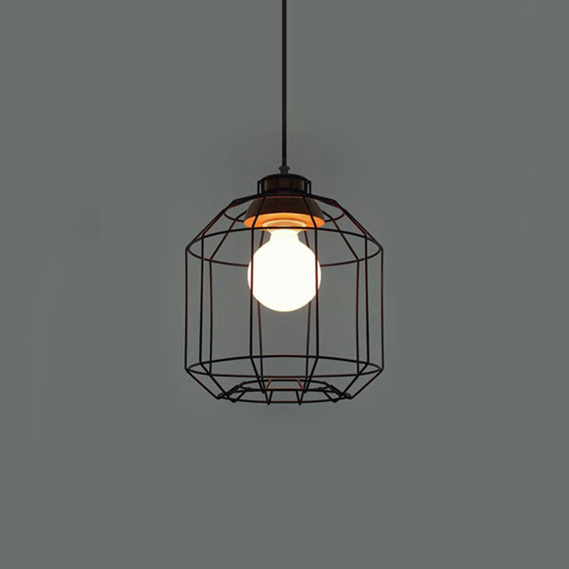 Retro Metal Pendant Light with Barrel/Cylinder Cage Shade - Bedroom Hanging Lamp in Black