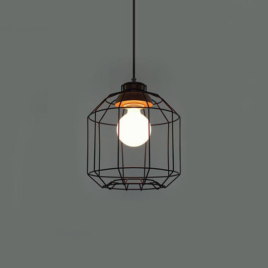 Retro Metal Pendant Light with Barrel/Cylinder Cage Shade - Bedroom Hanging Lamp in Black