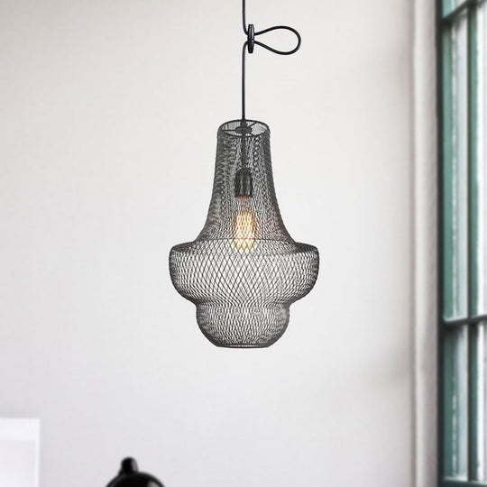 Industrial Black Mesh Cage Pendant Light - Modern Metal Hanging Lamp for Dining Room