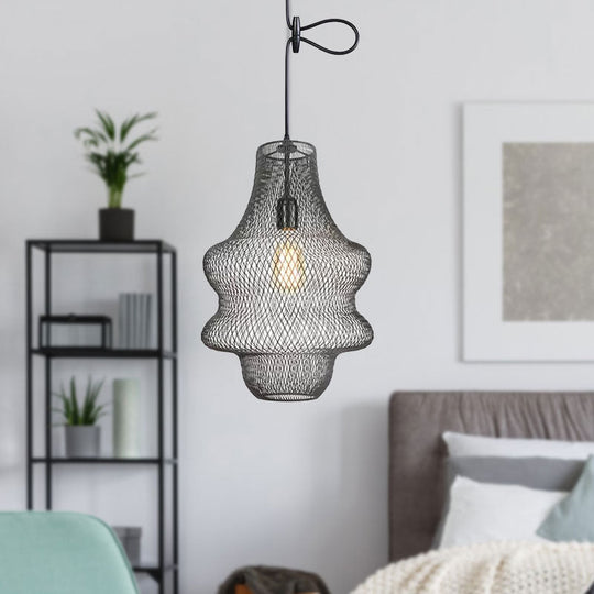 Industrial Black Mesh Cage Pendant Light - Modern Metal Hanging Lamp for Dining Room