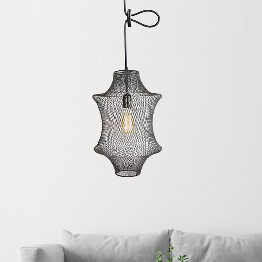 Industrial Black Mesh Cage Pendant Light - Modern Metal Hanging Lamp for Dining Room