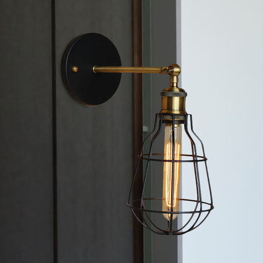 Industrial Black Metal Mini Wall Light Fixture For Bedroom - Cylinder/Teardrop Caged Mount Lighting