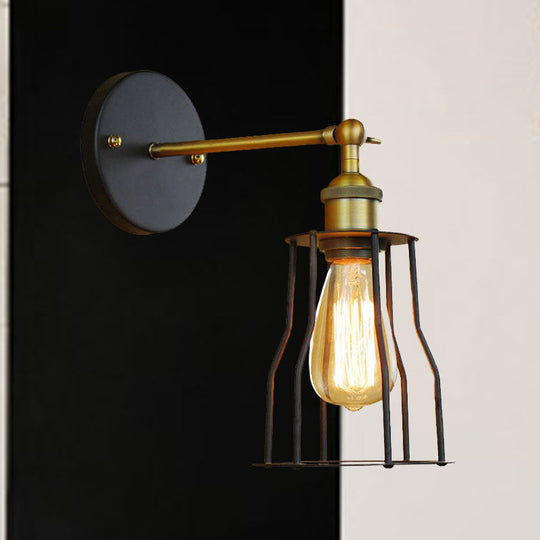 Industrial Black Metal Mini Wall Light Fixture For Bedroom - Cylinder/Teardrop Caged Mount Lighting