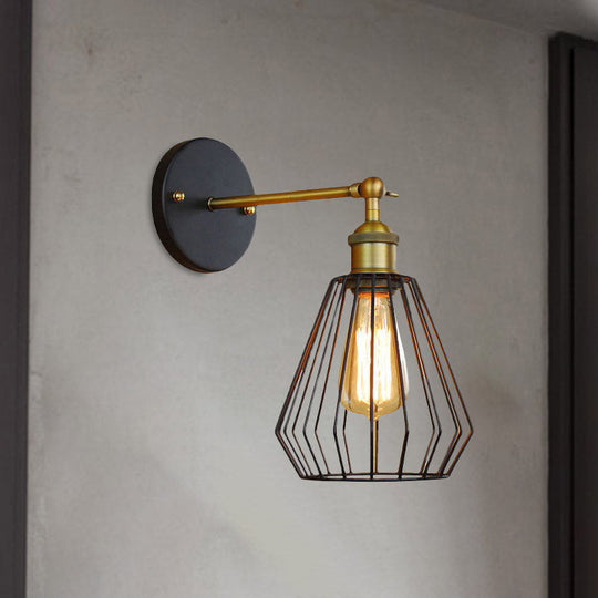 Industrial Black Metal Mini Wall Light Fixture For Bedroom - Cylinder/Teardrop Caged Mount Lighting