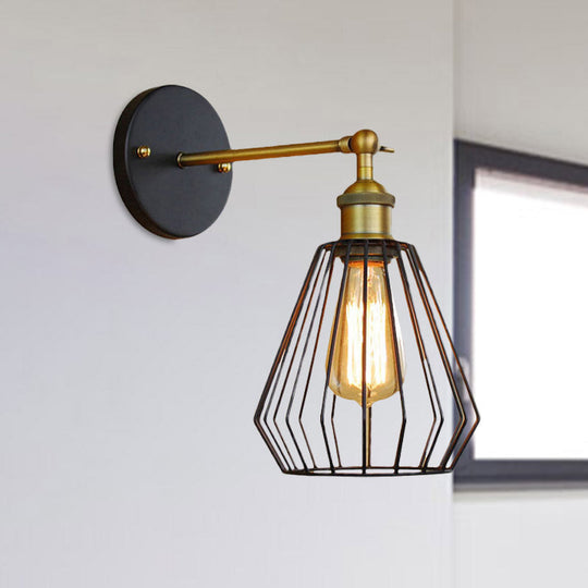 Industrial Black Metal Mini Wall Light Fixture For Bedroom - Cylinder/Teardrop Caged Mount Lighting