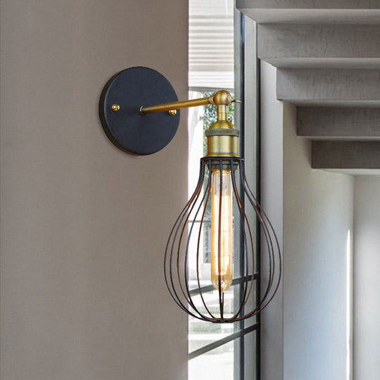 Industrial Black Metal Mini Wall Light Fixture For Bedroom - Cylinder/Teardrop Caged Mount Lighting