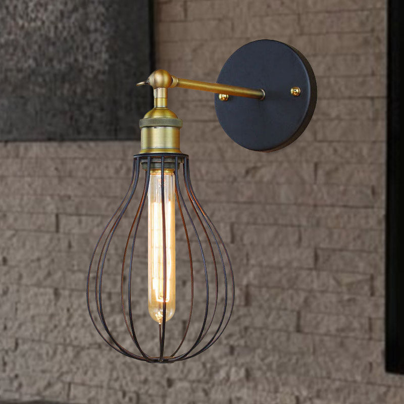 Industrial Black Metal Mini Wall Light Fixture For Bedroom - Cylinder/Teardrop Caged Mount Lighting