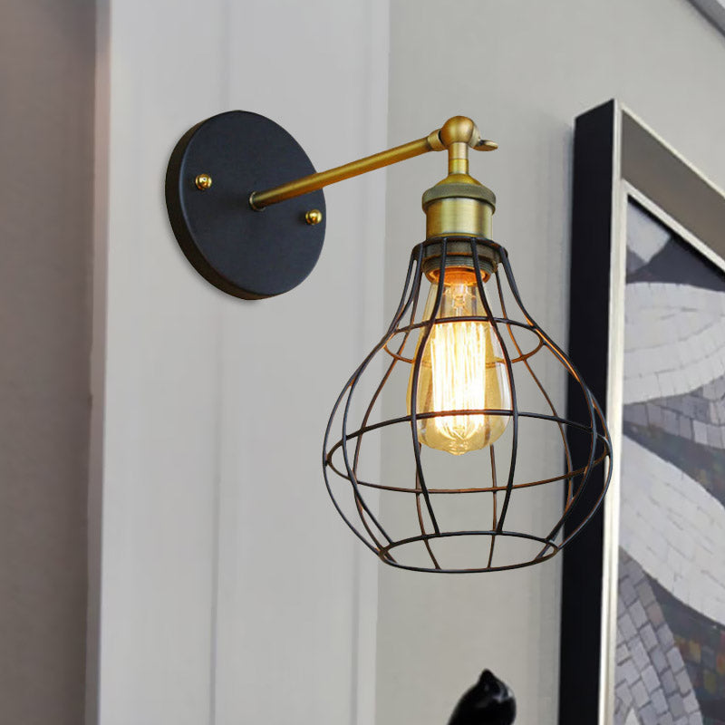 Industrial Black Metal Mini Wall Light Fixture For Bedroom - Cylinder/Teardrop Caged Mount Lighting