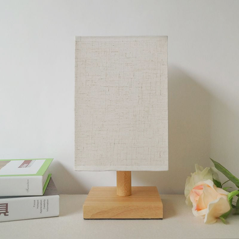 Country Style White Fabric Table Lamp With Wooden Base - Rectangular Shape Bedroom Lighting