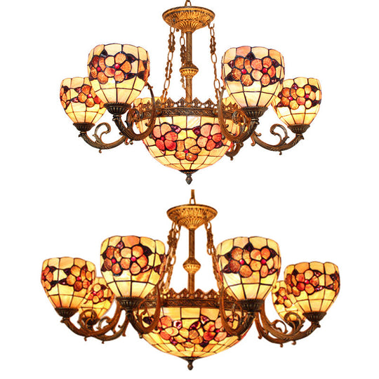 Beige Tiffany Shell Chandelier - Multi-Head Pendant Light With Ornate Flower Design For Living Room