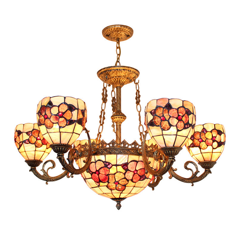 Beige Tiffany Shell Chandelier - Multi-Head Pendant Light With Ornate Flower Design For Living Room