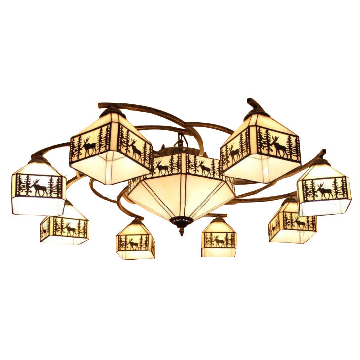 Vintage Small House Ceiling Lamp - Beige Stained Glass Chandelier