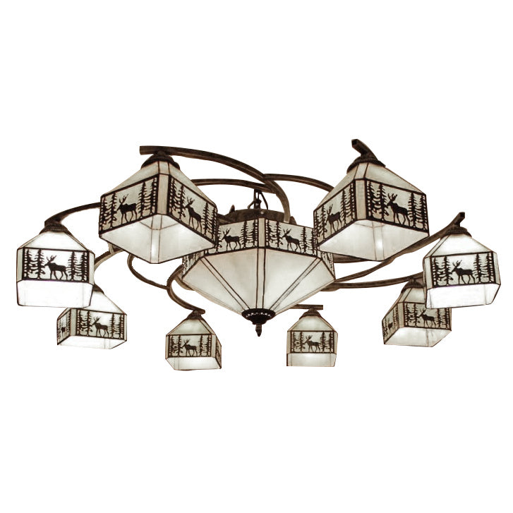 Vintage Small House Ceiling Lamp - Beige Stained Glass Chandelier