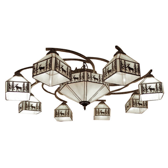 Vintage Small House Ceiling Lamp - Beige Stained Glass Chandelier