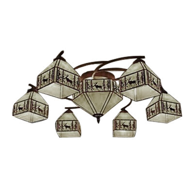 Vintage Small House Ceiling Lamp - Beige Stained Glass Chandelier